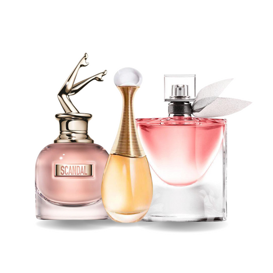 Combination of 3 fragrances SCANDAL, J'ADORE and LA VIE EST BELLE 100 ml